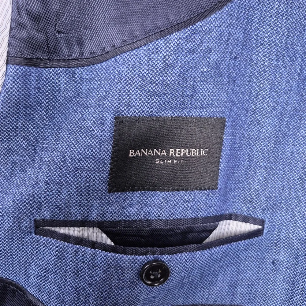 Banana Republic Mens 42R Slim Fit Linen Blazer Comet Blue 2-Button Jacket